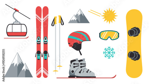 set of colorful ski and snowboard equipment with mountain elements in flat style