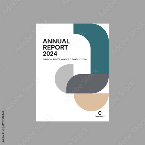 Abstract cover design for an annual report featuring geometric shapes and text