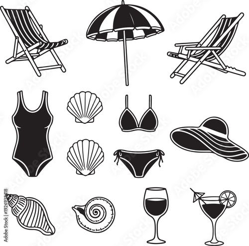 Beach vacation icons including chairs umbrella swimsuits seashells and drinks