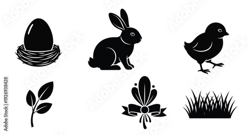 Easter symbols including an egg in a nest, a rabbit, a chick, leaves, a decorative element, and grass.