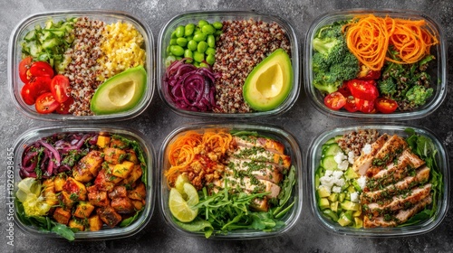 Healthy meal prep containers with various ingredients