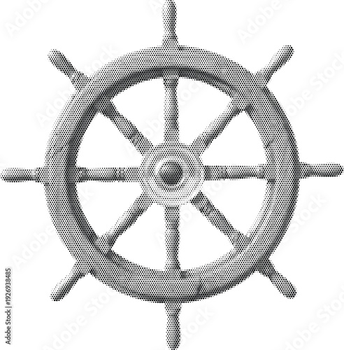 Ship Wheel Helm Halftone Vector Illustration Black White Retro Vintage Maritime Nautical Art Print
