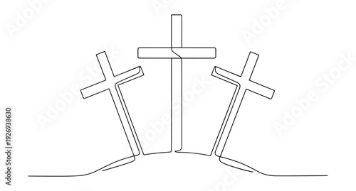 Three Christian crosses on hill outline, Calvary religious line art symbol isolated on transparent background