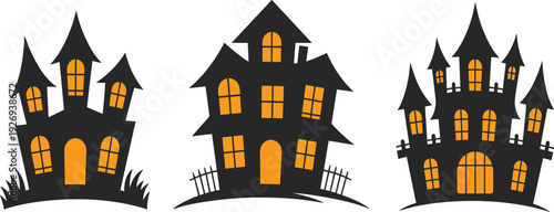 Spooky haunted house silhouette vector set, featuring creepy abandoned mansions, gothic castles, and Halloween horror architecture