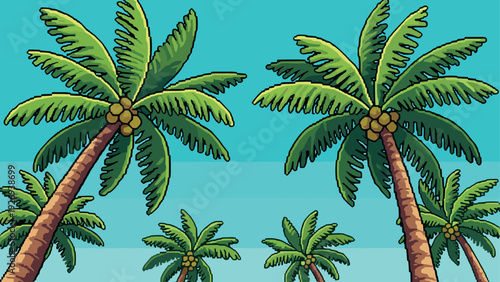 tropical palm trees with coconuts hand drawn cartoon style summer nature background