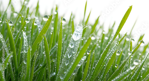 A close-up view of dewy grass blades on a sunny morning