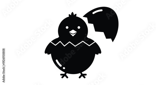 A black chick has just hatched from its eggshell, symbolizing new beginnings.