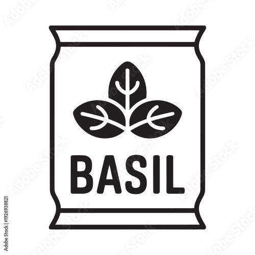 Simple black and white illustration of a basil seed packet design