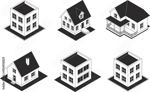 Isometric house and residential building vector set, featuring suburban homes, modern villas, and apartment block silhouette