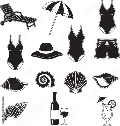 Black and white beach vacation icons and accessories illustration
