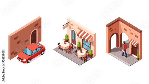 isometric street elements collection with car wall cafe and walkway with pedestrian in flat style
