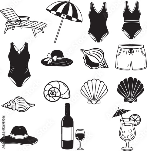 Black and white beach vacation icons with wine and summer clothing