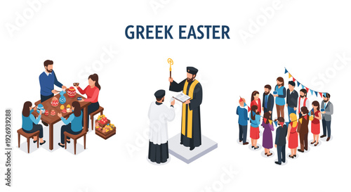 Greek Easter celebration scenes with family painting eggs priest blessing and festive gathering in isometric style
