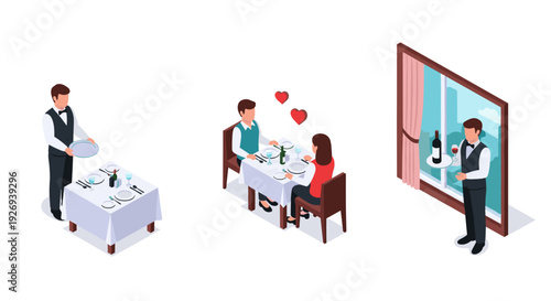 isometric illustration of romantic couple dining and waiters serving on table in restaurant setting