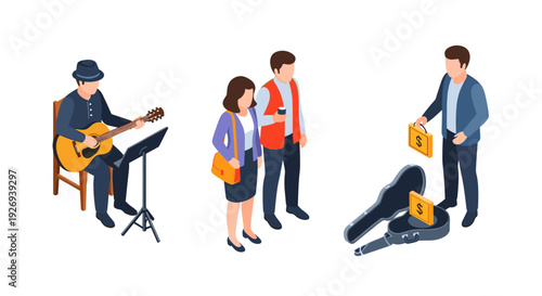 isometric street musician performing with guitar while couple listens and man collects money in guitar case flat style