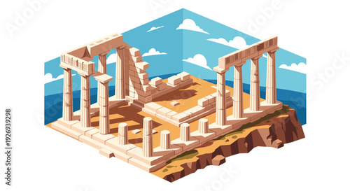 isometric ancient greek temple ruins with columns and stone blocks hand drawn illustration