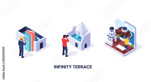 isometric people exploring infinity terrace architecture with observation and smartphone in modern flat style