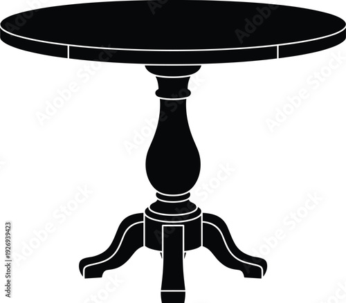Classic round wooden pedestal table silhouette featuring elegant turned base and tripod legs for home furniture and interior design isolated on white
