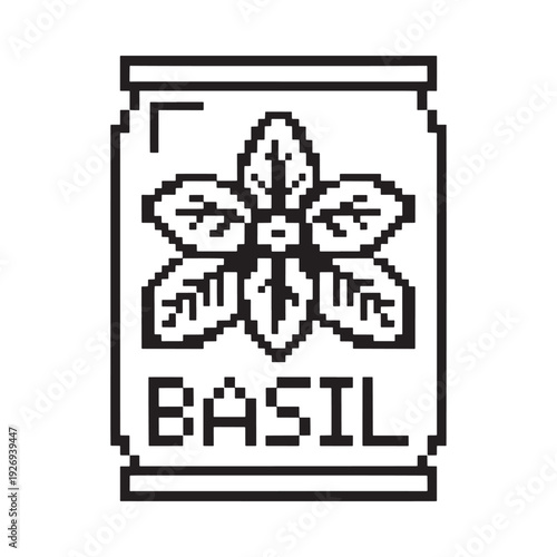 Pixelated illustration of a basil seed packet with a floral design