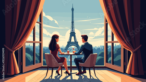 couple sitting at table enjoying drinks with eiffel tower view hand drawn romantic illustration
