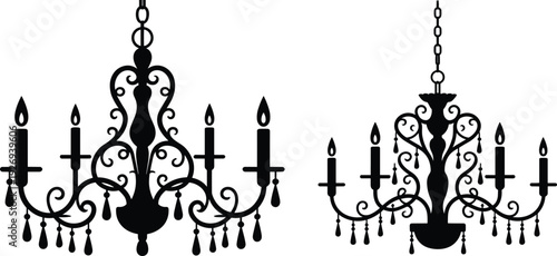 Vintage chandelier silhouette illustration set, elegant baroque ceiling lighting, black and white vector decor elements, classic interior design