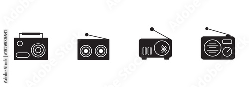 Portable Radio Communication Device Set Outline and Filled Style Handheld Wireless Transceiver Collection Vintage Broadcast Receiver Vector
