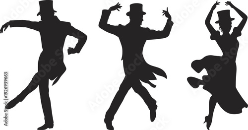 Collection of theater dancer silhouettes in formal attire with top hats, performing classic broadway and cabaret stage movements.