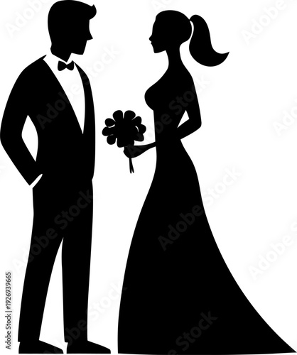 bride and groom silhouette vector icon, bride holding bouquet facing groom, elegant black filled shape, romantic pose, clean sharp edges, isolated white  background