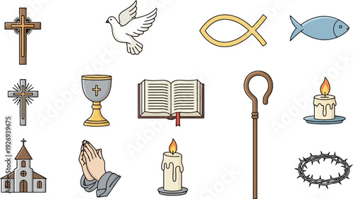 Christian Religious Symbols Icon Set on White Background