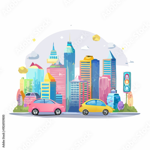 Modern Cityscape with Cars and Buildings, Vibrant Urban Scene
