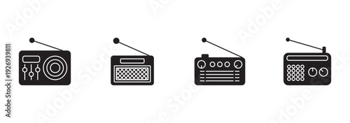Portable Radio Communication Device Set Outline and Filled Style Handheld Wireless Transceiver Collection Vintage Broadcast Receiver Vector