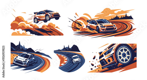 Rally Racing Cars Dynamic Vector Illustrations Set
