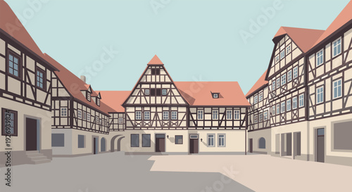traditional european timber frame buildings courtyard illustration in flat style