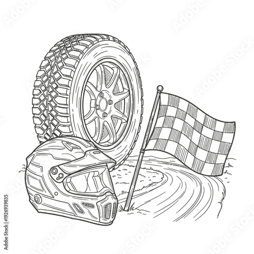 Off-road tire, helmet, and checkered flag on a race track sketch
