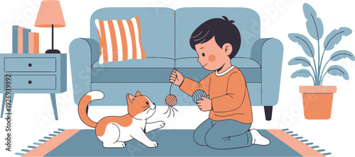 Little boy playing with pet cat and yarn ball in living room