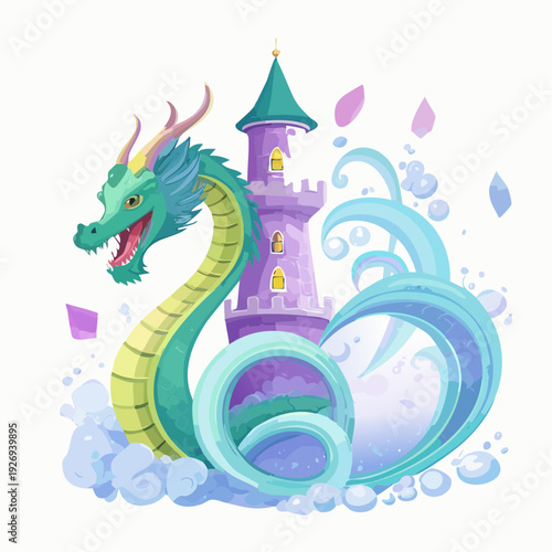 Mystical Sea Serpent Emerging From Enchanted Castle Waters Surrounded by Bubbles and Waves