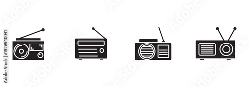 Portable Radio Set Outline and Solid Style Vintage Broadcast Receiver Wireless Communication Device Classic Audio Equipment Vector Collection