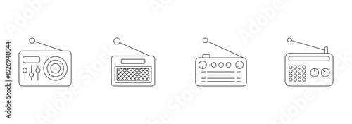 Vintage Portable Radio Line Set Wireless Transistor Receiver Classic Broadcast Device Audio Equipment Minimal Outline Vector Pack