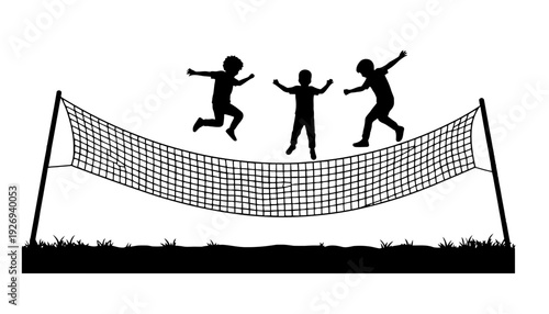 Volleyball players jumping over a net in black silhouette illustration