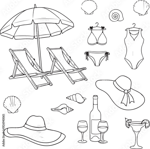 Beach vacation accessories and clothing illustration