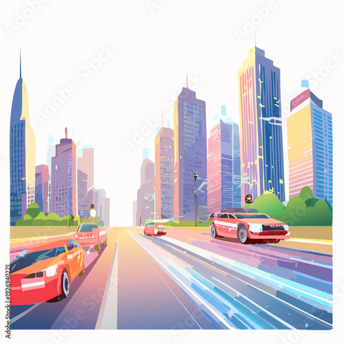 Futuristic city skyline with cars driving on a highway with motion blur effects