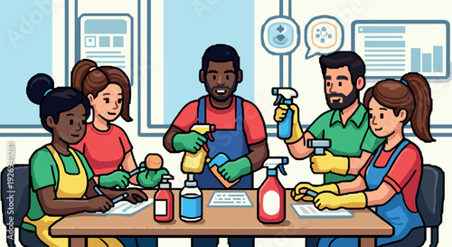 diverse group of people discussing and holding cleaning supplies in hand drawn style for teamwork or community cleaning concept