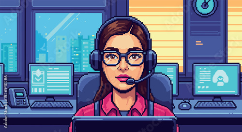woman call center operator wearing headset working at computer pixel art style technology office background
