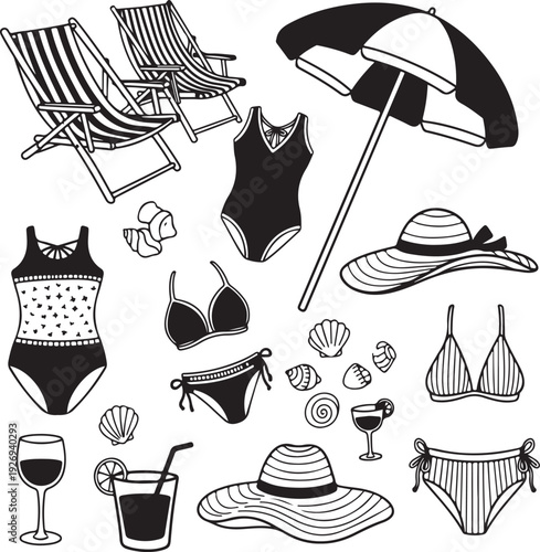 Summer vacation beach accessories and swimwear illustration