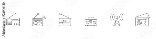 Wireless FM Radio Receiver Collection Line Style Vector Pack for Media, Broadcasting and Communication