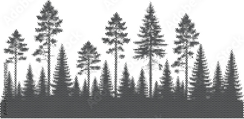 pine forest trees woodland halftone black white retro vintage nature poster print