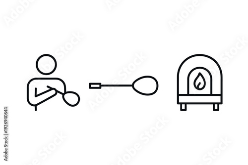 hand drawn glassblower blowing glass with blowpipe and furnace icons