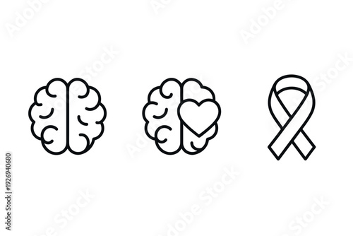 set of mental health awareness icons with brain heart symbol and ribbon in hand drawn style