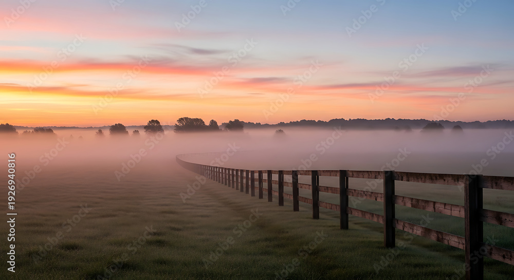 Obraz premium Sunrise over a misty field with a wooden fence