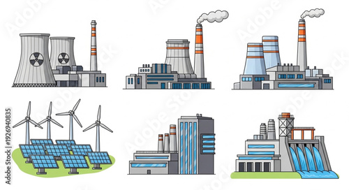 Various power plants and renewable energy sources for electricity generation.